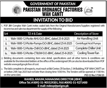 Pakistan Ordnance Factories Wah Cantt Tender Notice